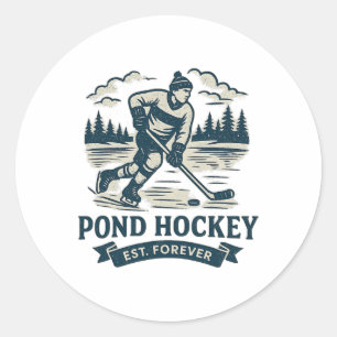 Retro-Teich-Hockeyspieler Gefrorener See Winter Runder Aufkleber