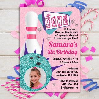 Retro Tenpin Bowling Party in rosa und Aquamarines Einladung