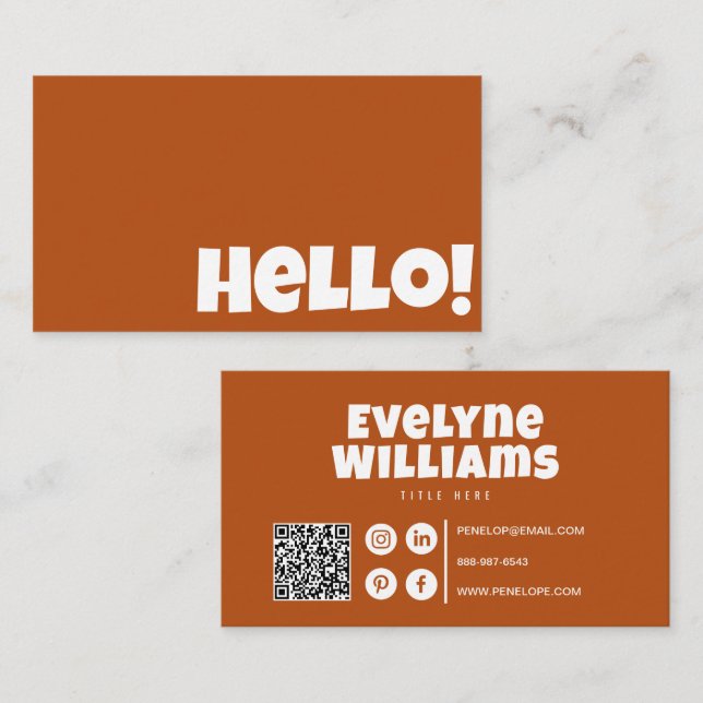 Retro Terracotta Burnt Orange QR Code Hello Modern Visitenkarte (Vorne/Hinten)