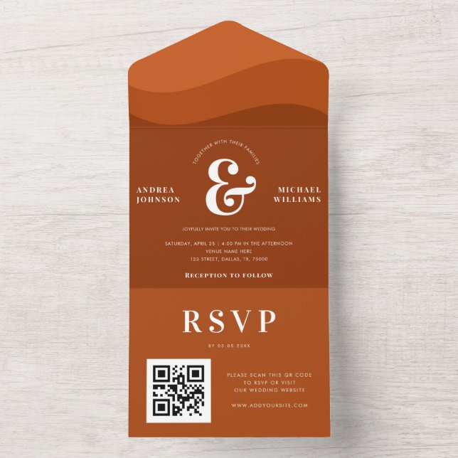 Retro Terracotta Waves Ampersand QR Code Wedding All In One Einladung (Innen Boden)