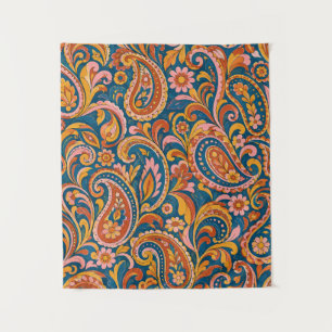 Retro-Terrakotta- und Navyblau-Paisley-Tapisserie Wandteppich