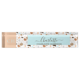 Retro Terrazzo Mosaic Earth Tones Patter Monogram Namensplakette