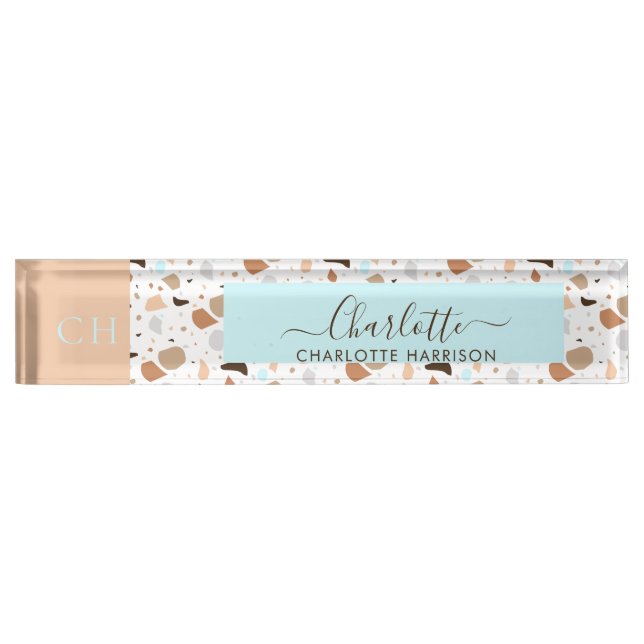 Retro Terrazzo Mosaic Earth Tones Patter Monogram Namensplakette (Vorderseite)