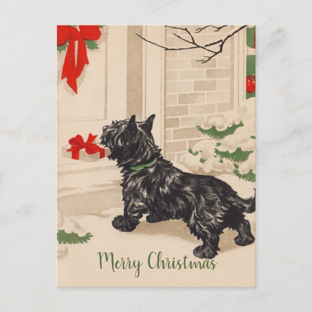 Retro Terrier liefert Weihnachtsgeschenk Feiertagspostkarte (Vorderseite)