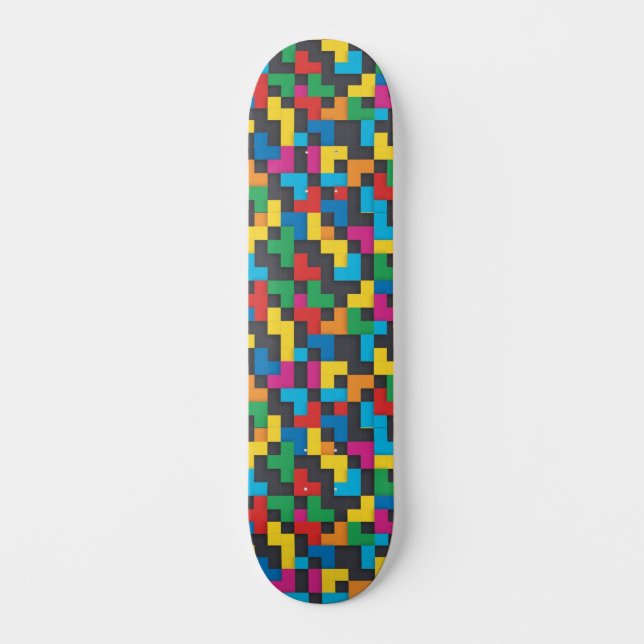Retro-Tetris-Blöcke Nahtloses Muster Skateboard (Vorderseite)