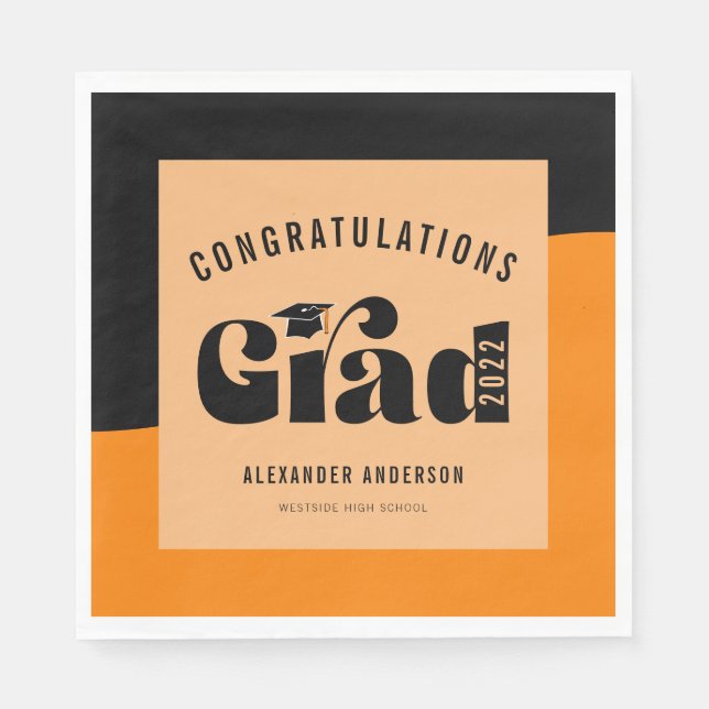 Retro Text Light Orange und Black Abschluss Serviette (Vorderseite)