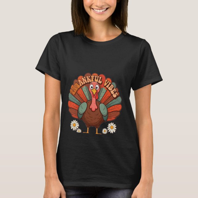 Retro Thankful Vibes Niedlich Turkey Rainbow Funny T-Shirt (Vorderseite)