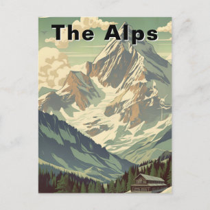 Retro The Alps Reise Skifahren Berg Lodge Postkarte