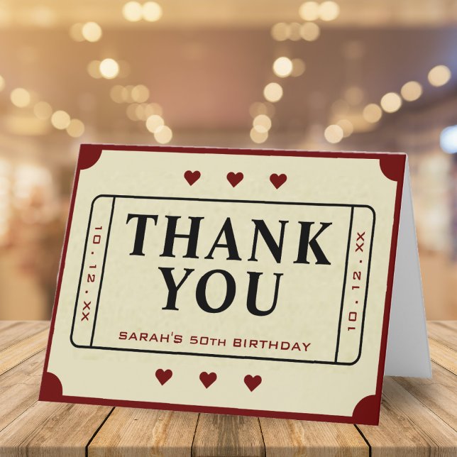 Retro Theater Film Ticket Stub 50. Geburtstag Dankeskarte (Retro Theater Movie Ticket Stub 50th Birthday Thank You Card)