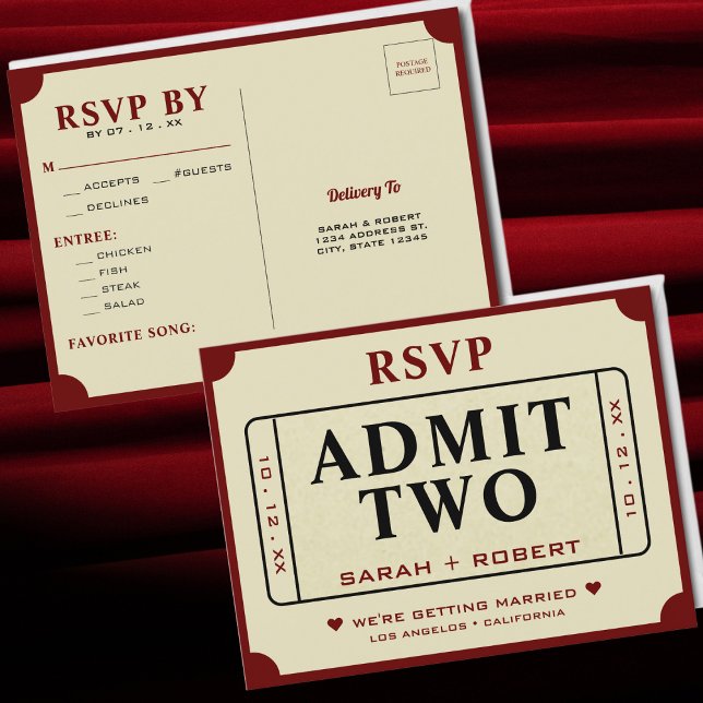 Retro Theatre Admit zwei Ticket Stube Hochzeit RSV Postkarte (Retro Theater Admit Two Ticket Stub Wedding RSVP Postcard)