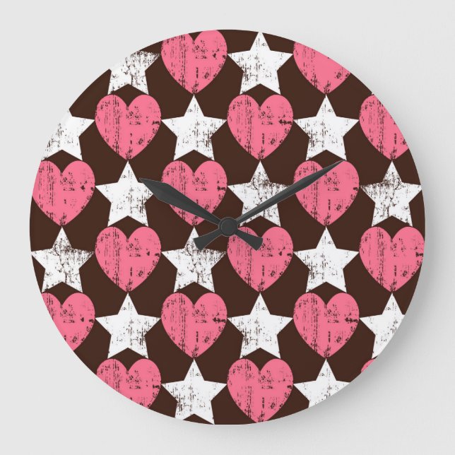Retro Threadbare Herz Stars Textur Große Wanduhr (Vorderseite)
