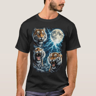 Retro Three Tiger Mond Blitz Brüllende Tierwelt T-Shirt