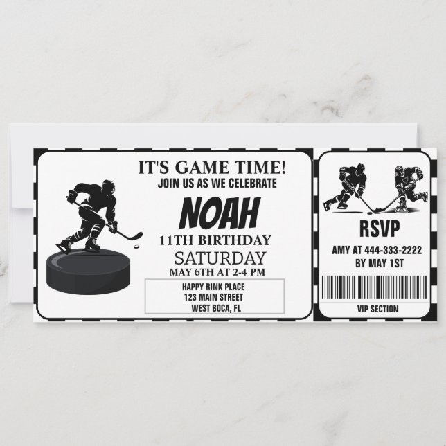 Retro-Ticket für Schwarz-Weiß-Eishockey Einladung (Vorderseite)