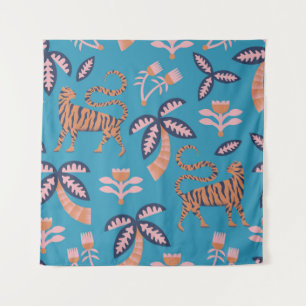 Retro-Tiger, Palme, Blume Wandteppich