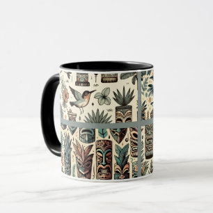 Retro-Tiki-Masken und Vögel in Grau-Grün Tasse