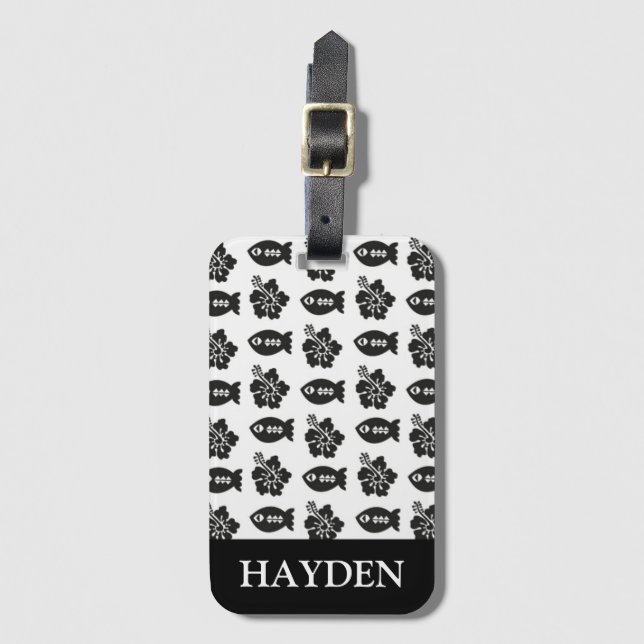 Retro Tiki Schwarz-Weiß-Muster Personalisiert Gepäckanhänger (Vorderseite Vertikal)