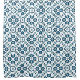 Retro Tile Effect Geometric Gemustert Blue White Duschvorhang