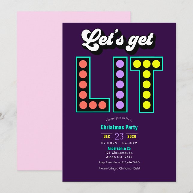 Retro Tinsel Let's Get Lit Retro Christmas Party Einladung (Vorne/Hinten)