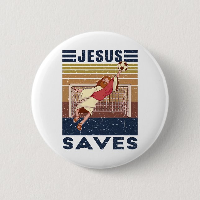 Retro Torwart Jesus rettet Fußballtor  Button (Vorderseite)