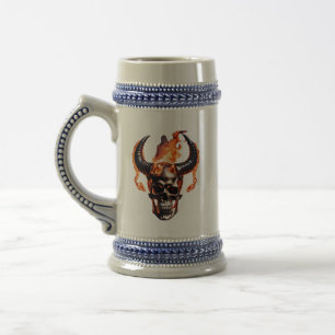 Retro-Toter brennender Schädel mit Horn im Feuer Bierglas