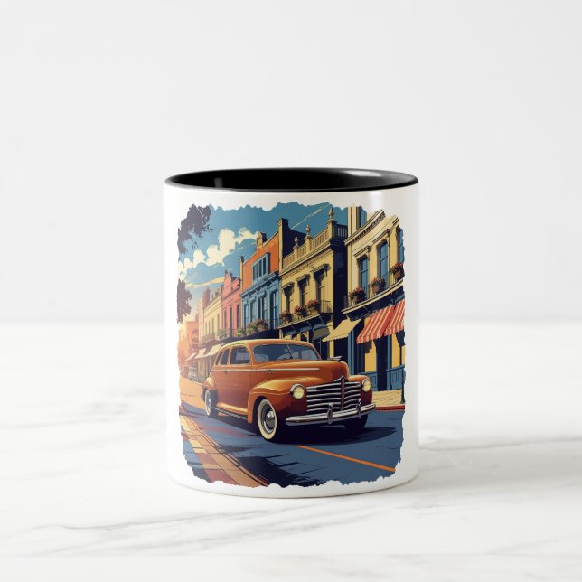 Retro Town Street Scene Zweifarbige Tasse (Mittel)