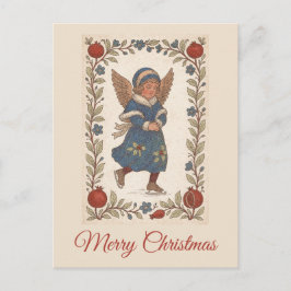 Retro traditional Christmas skating Angel floral Postkarte