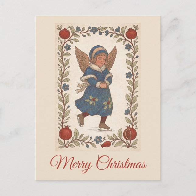 Retro traditional Christmas skating Angel floral Postkarte (Vorderseite)