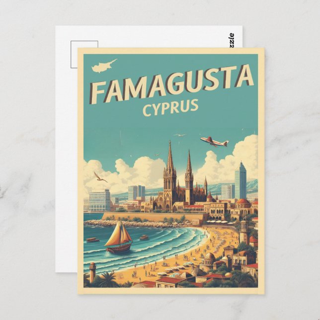Retro travel Famagusta Beach Zypern Geschenke Postkarte (Vorne/Hinten)