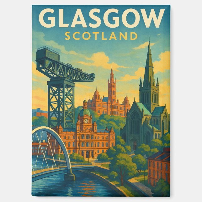 Retro Travel Glasgow Schottland Magnet (Vorderseite)