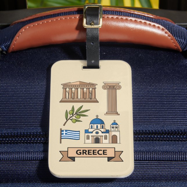Retro Travel Greece Iconic National Symbols Gepäckanhänger (Vorderseite Insitu 2)