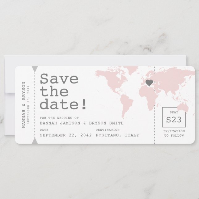 Retro Travel Theme Map Boarding Ticket Save The Date (Vorderseite)