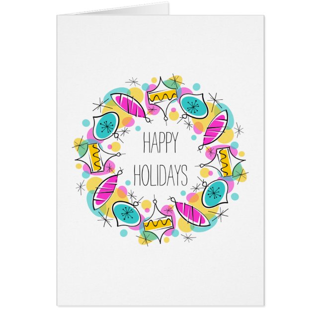 Retro Tree Baubles Circle Happy Holidays Karte (Vorne)