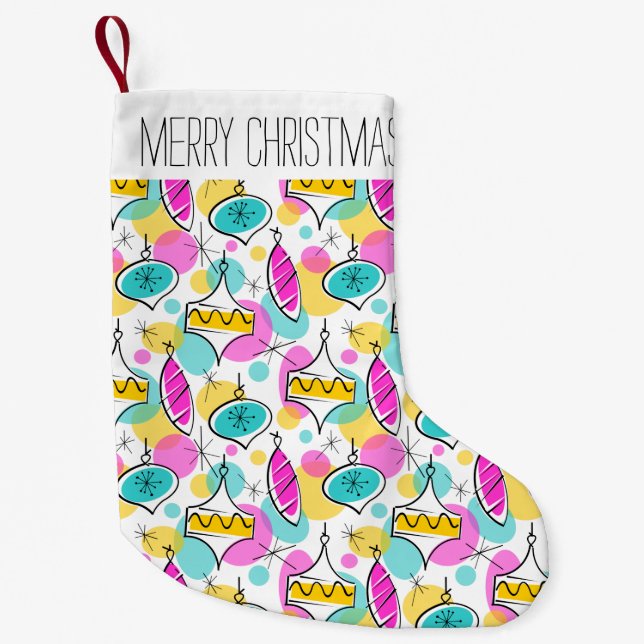 Retro Tree Baubles Multi Text Strumpf 2 Seite Kleiner Weihnachtsstrumpf (Vorderseite)