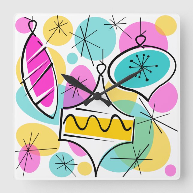 Retro Tree Baubles Uhr Quadrat (Vorderseite)