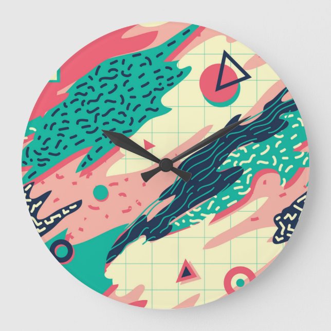 Retro Trendy Memphis Geometric Wallpaper Große Wanduhr (Vorderseite)
