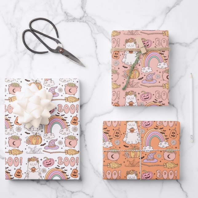 Retro Trendy Niedliche Halloween Elements Ghost Pu Geschenkpapier Set (Vorderseite)