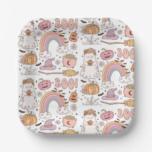 Retro-Trendy-Süße-Halloween-Elemente-Geist-Kürbis Pappteller