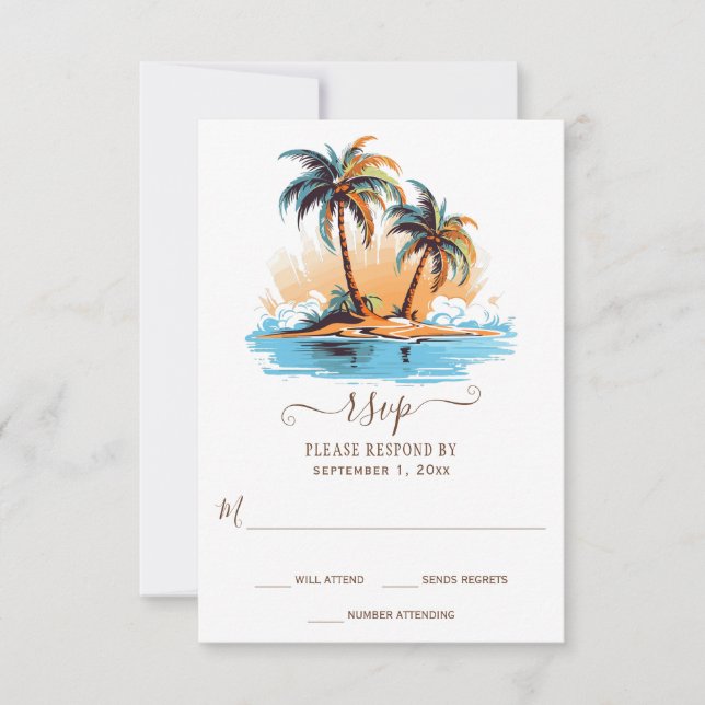 Retro Tropical Beach Hochzeit in Urlaubsort RSVP Karte (Vorderseite)