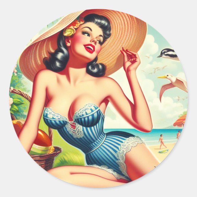 Retro Tropical Beach Pinup Runder Aufkleber (Vorderseite)