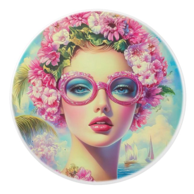Retro Tropical Beauty Keramikknauf (Vorderseite)