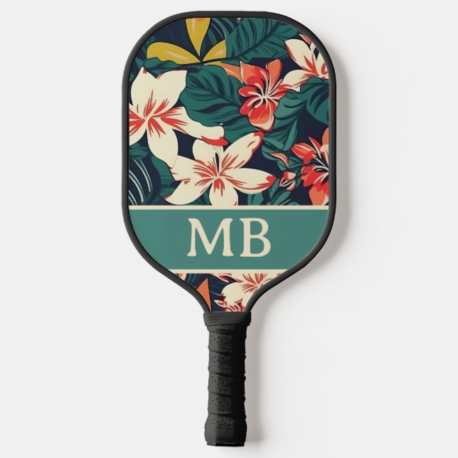 Retro Tropical Blätter Blume Monogramm Initialen Pickleball Schläger (Rückseite)