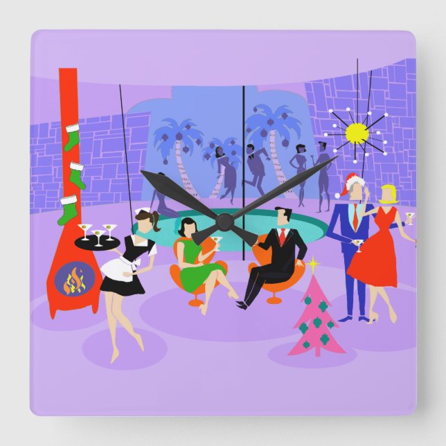 Retro Tropical Christmas Party Quadratische Wanduhr (Vorderseite)
