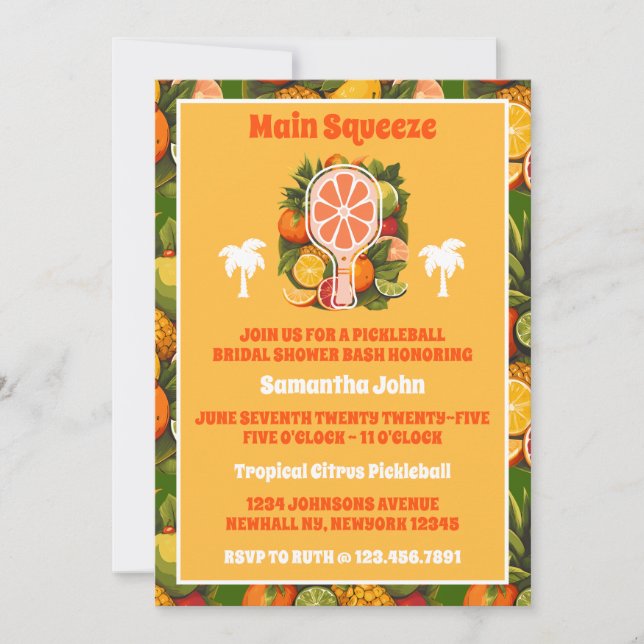 Retro Tropical Citrus Pickleball Brautparty Einladung (Vorderseite)