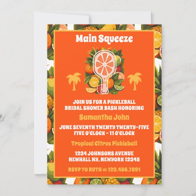 Retro Tropical Citrus Pickleball Brautparty Einladung (Vorderseite)