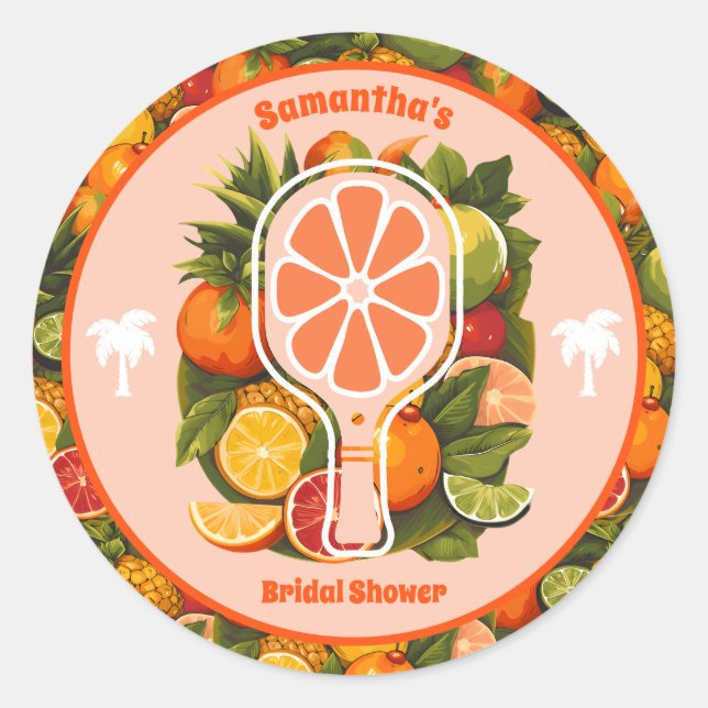 Retro Tropical Citrus Pickleball Brautparty Runder Aufkleber (Vorderseite)