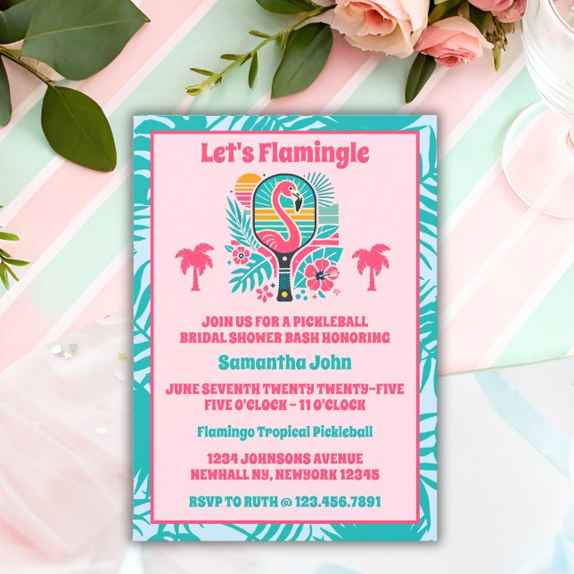 Retro Tropical Flamingo Pickleball Brautparty Einladung (Bridal Shower Invitation)