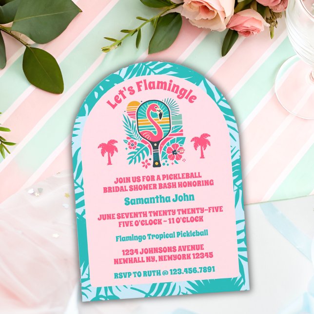 Retro Tropical Flamingo Pickleball Brautparty Einladung (Bridal Shower Invitation)