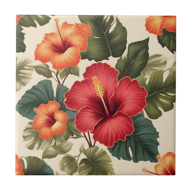 Retro Tropical Hibiskus Blume Fliese (Vorderseite)
