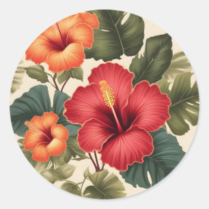 Retro Tropical Hibiskus Blume Runder Aufkleber