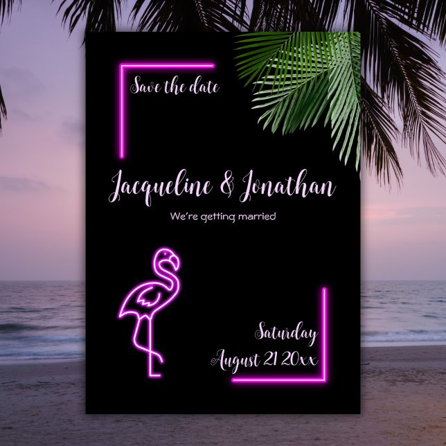 Retro Tropical Neon Pink Flamingo Save the Date Einladung (Von Creator hochgeladen)